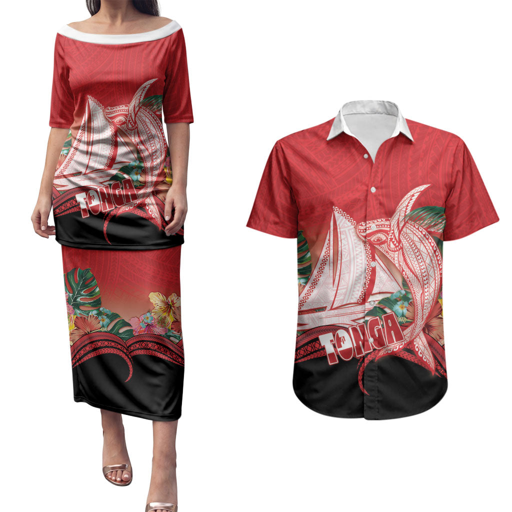 Vavau Sailing Festival Tonga Personalised Couples Matching Puletasi and Hawaiian Shirt Humpback Whale Sailboat Tropical Vibes