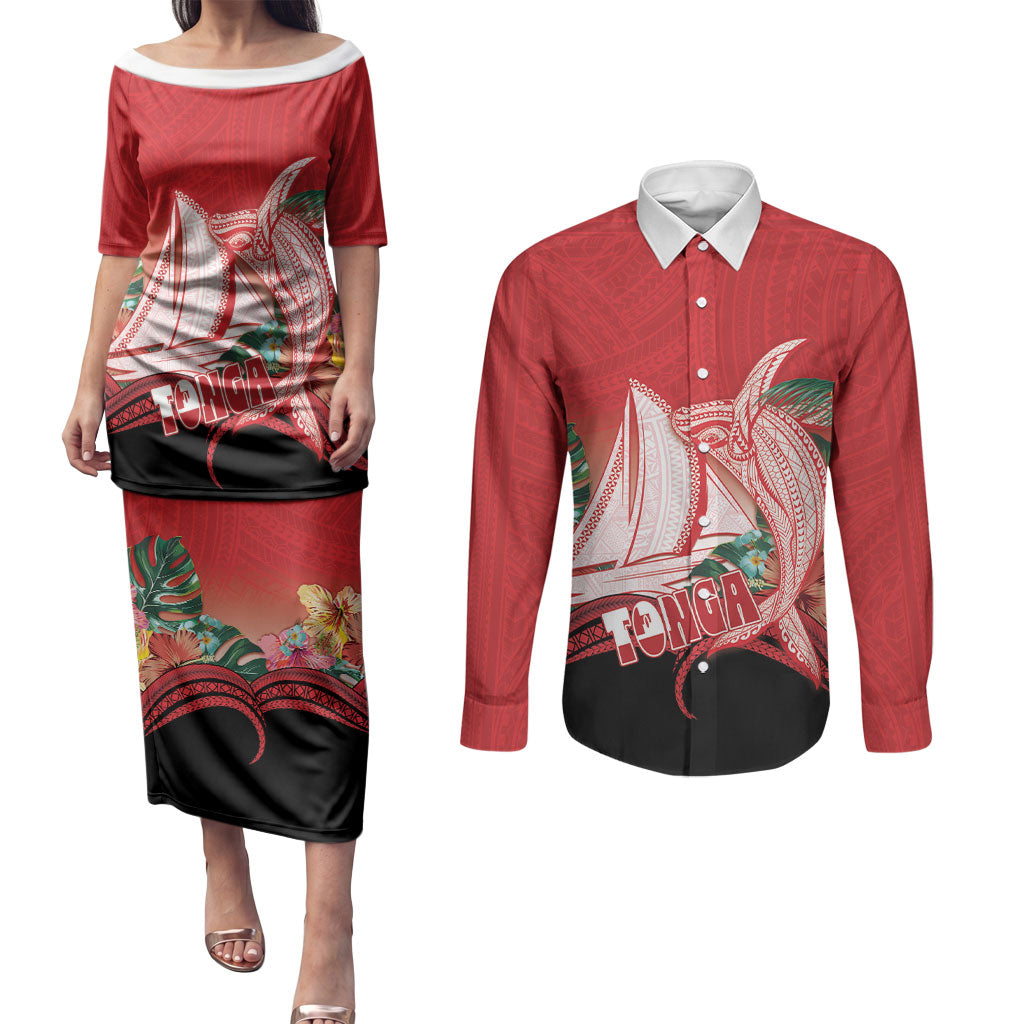 Vavau Sailing Festival Tonga Personalised Couples Matching Puletasi and Long Sleeve Button Shirt Humpback Whale Sailboat Tropical Vibes