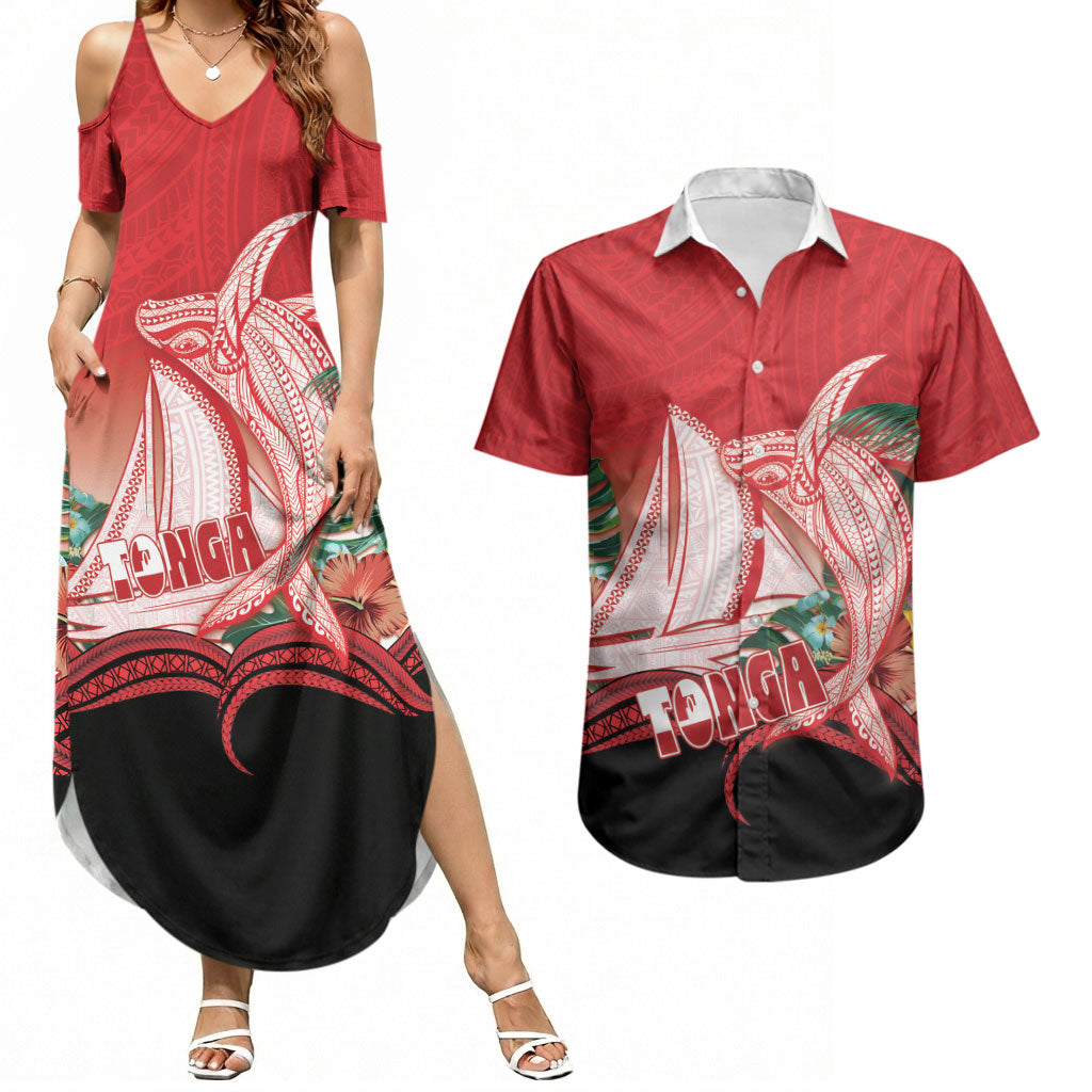 Vavau Sailing Festival Tonga Personalised Couples Matching Summer Maxi Dress and Hawaiian Shirt Humpback Whale Sailboat Tropical Vibes