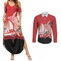 Vavau Sailing Festival Tonga Personalised Couples Matching Summer Maxi Dress and Long Sleeve Button Shirt Humpback Whale Sailboat Tropical Vibes