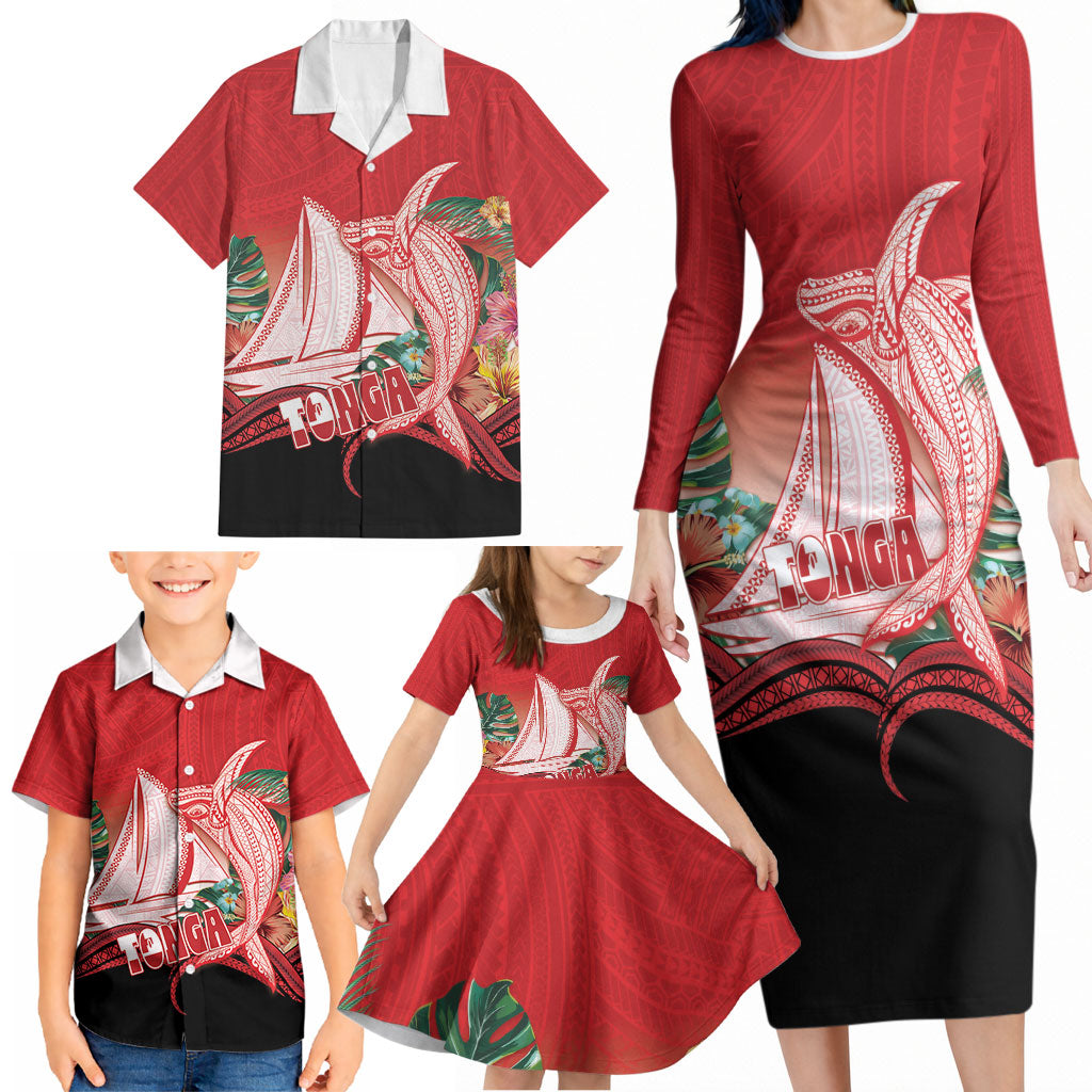 Vavau Sailing Festival Tonga Personalised Family Matching Long Sleeve Bodycon Dress and Hawaiian Shirt Humpback Whale Sailboat Tropical Vibes