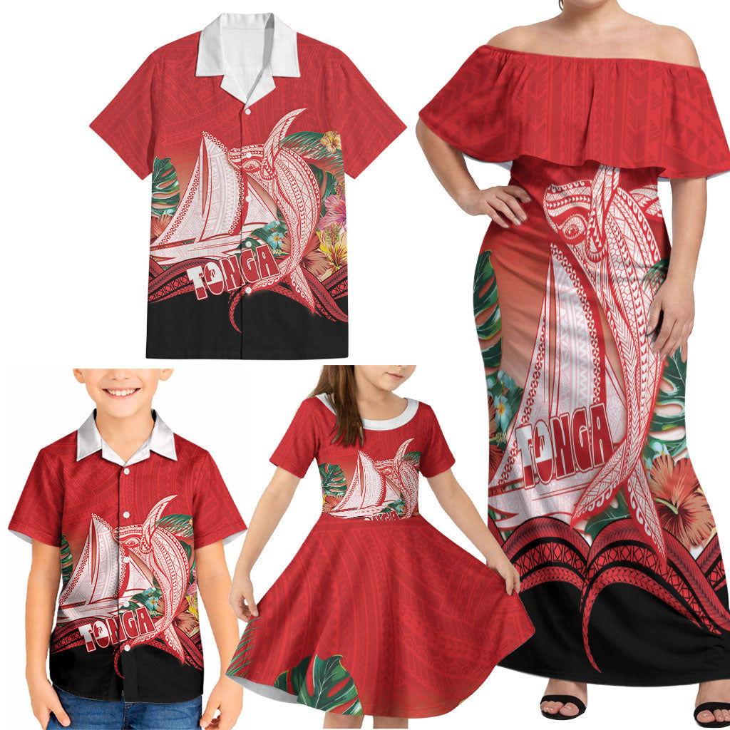 Vavau Sailing Festival Tonga Personalised Family Matching Off Shoulder Maxi Dress and Hawaiian Shirt Humpback Whale Sailboat Tropical Vibes