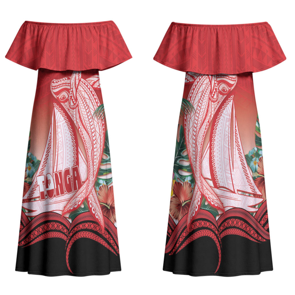 Vavau Sailing Festival Tonga Personalised Family Matching Off Shoulder Maxi Dress and Hawaiian Shirt Humpback Whale Sailboat Tropical Vibes