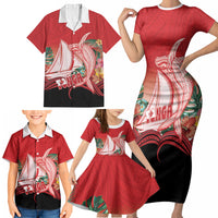 Vavau Sailing Festival Tonga Personalised Family Matching Short Sleeve Bodycon Dress and Hawaiian Shirt Humpback Whale Sailboat Tropical Vibes