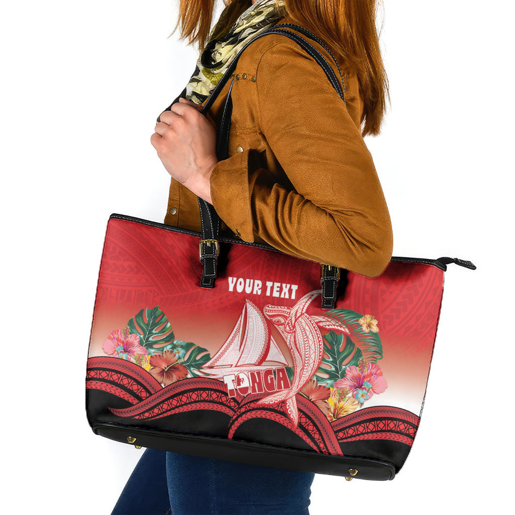 Vavau Sailing Festival Tonga Personalised Leather Tote Bag Humpback Whale Sailboat Tropical Vibes