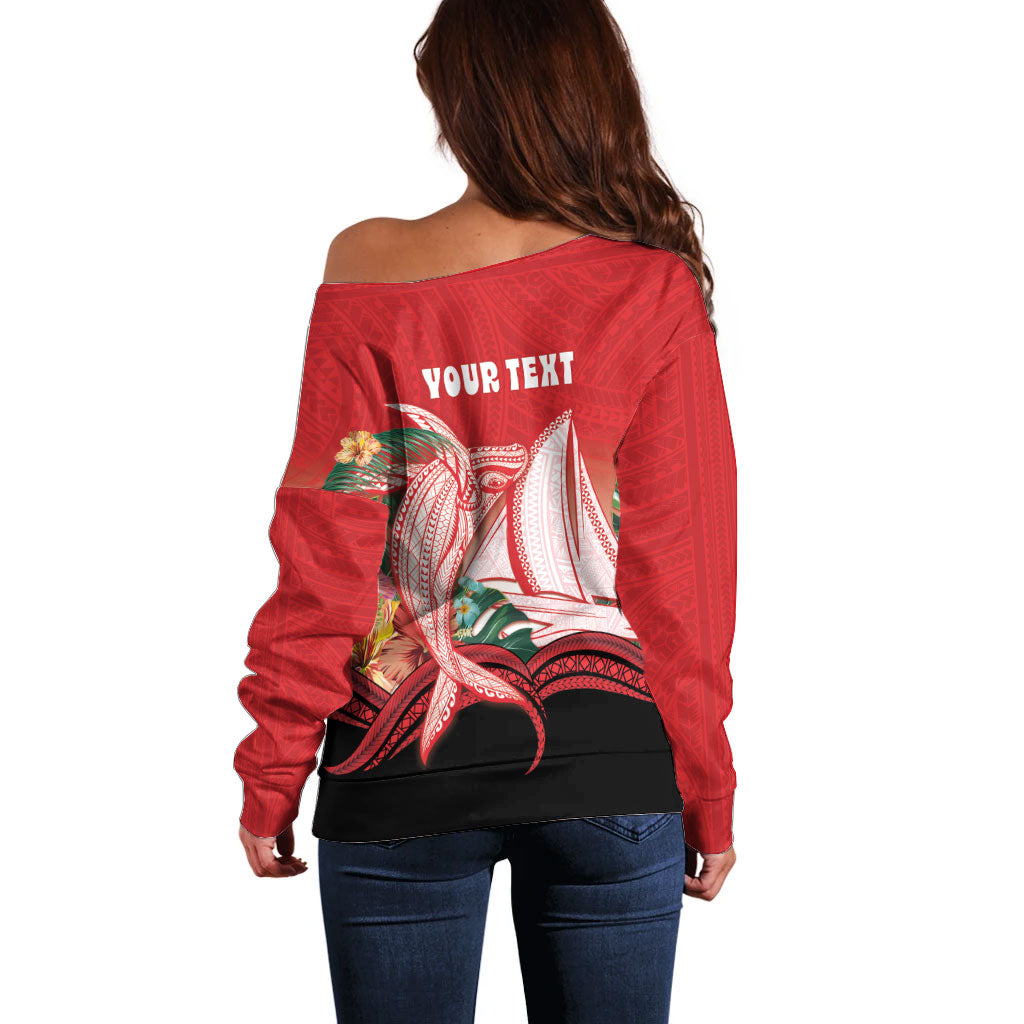 Vavau Sailing Festival Tonga Personalised Off Shoulder Sweater Humpback Whale Sailboat Tropical Vibes