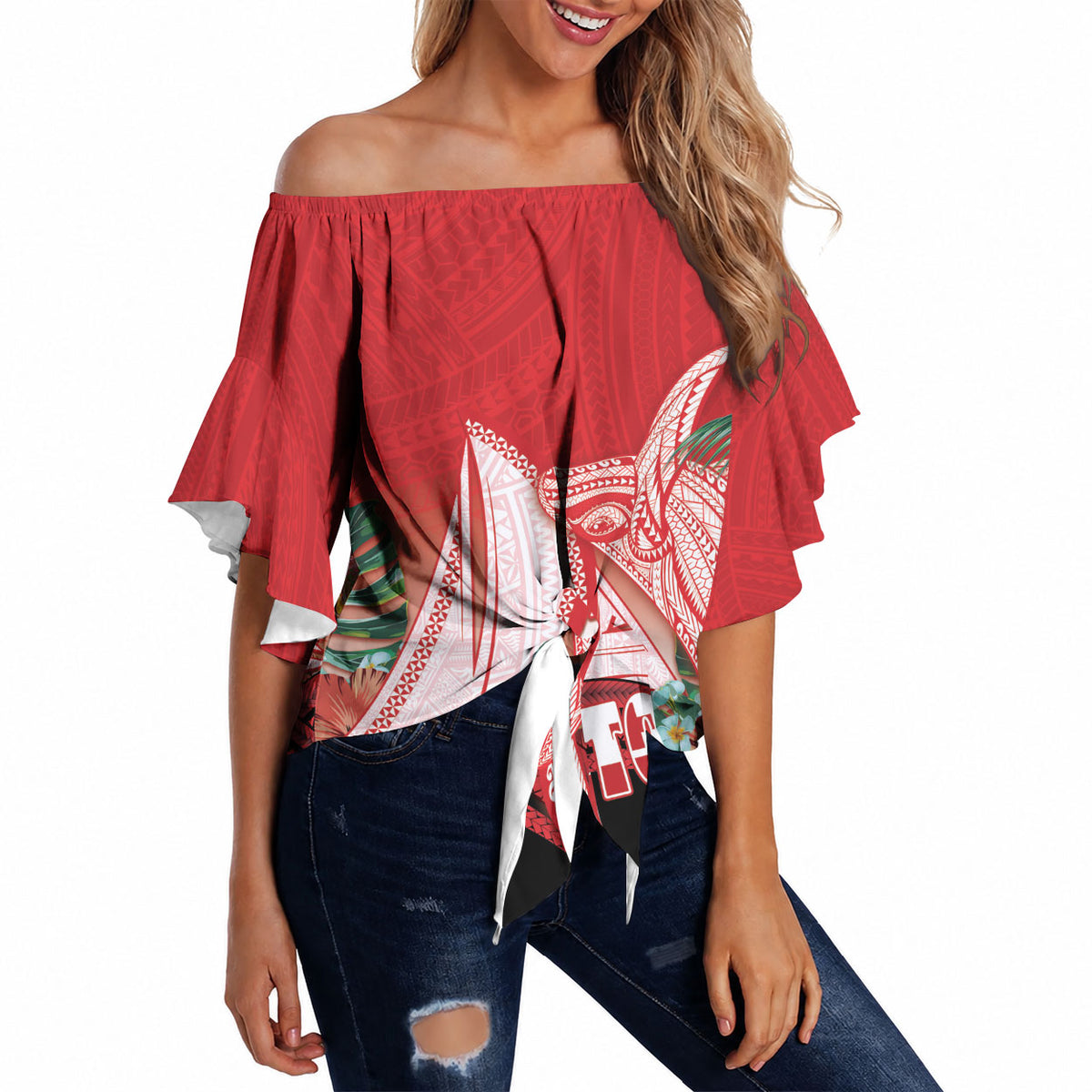 Vavau Sailing Festival Tonga Personalised Off Shoulder Wrap Waist Top Humpback Whale Sailboat Tropical Vibes