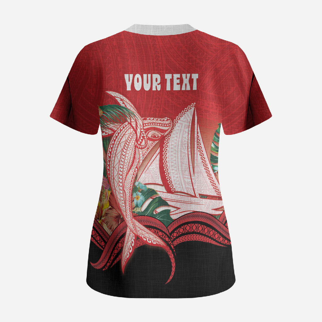 Vavau Sailing Festival Tonga Personalised Scrub Top Humpback Whale Sailboat Tropical Vibes