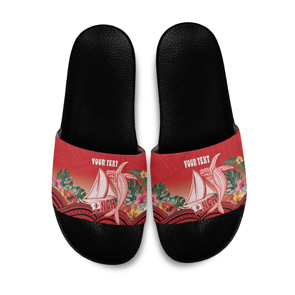 Vavau Sailing Festival Tonga Personalised Slide Sandals Humpback Whale Sailboat Tropical Vibes