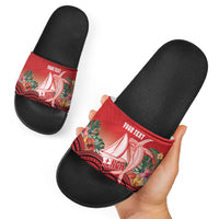 Vavau Sailing Festival Tonga Personalised Slide Sandals Humpback Whale Sailboat Tropical Vibes