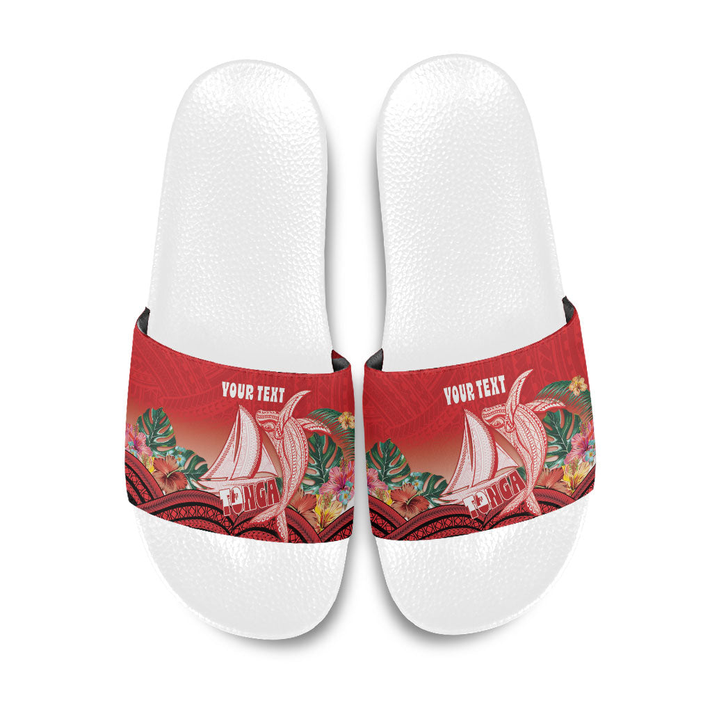 Vavau Sailing Festival Tonga Personalised Slide Sandals Humpback Whale Sailboat Tropical Vibes