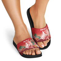 Vavau Sailing Festival Tonga Personalised Slide Sandals Humpback Whale Sailboat Tropical Vibes