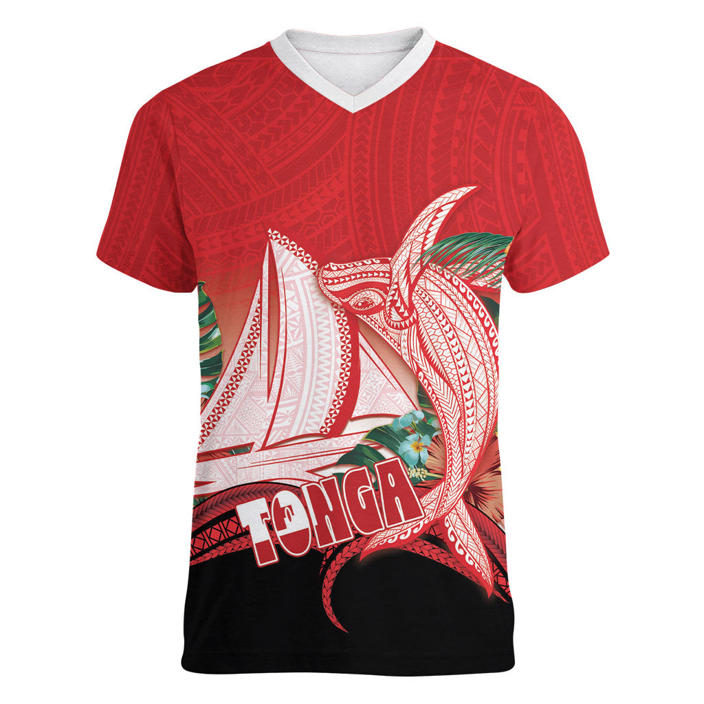 Vavau Sailing Festival Tonga Personalised Women V-Neck T-Shirt Humpback Whale Sailboat Tropical Vibes
