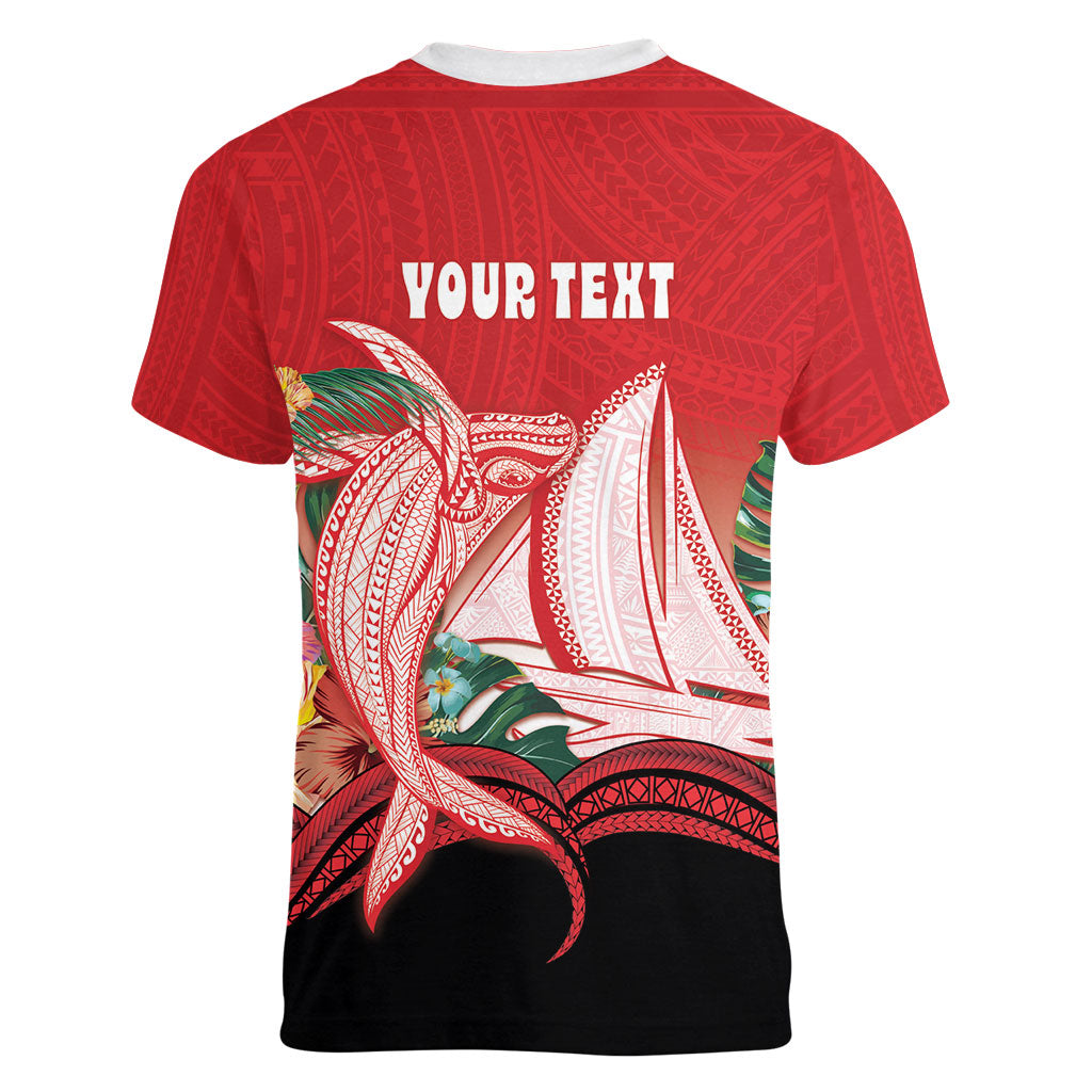 Vavau Sailing Festival Tonga Personalised Women V-Neck T-Shirt Humpback Whale Sailboat Tropical Vibes