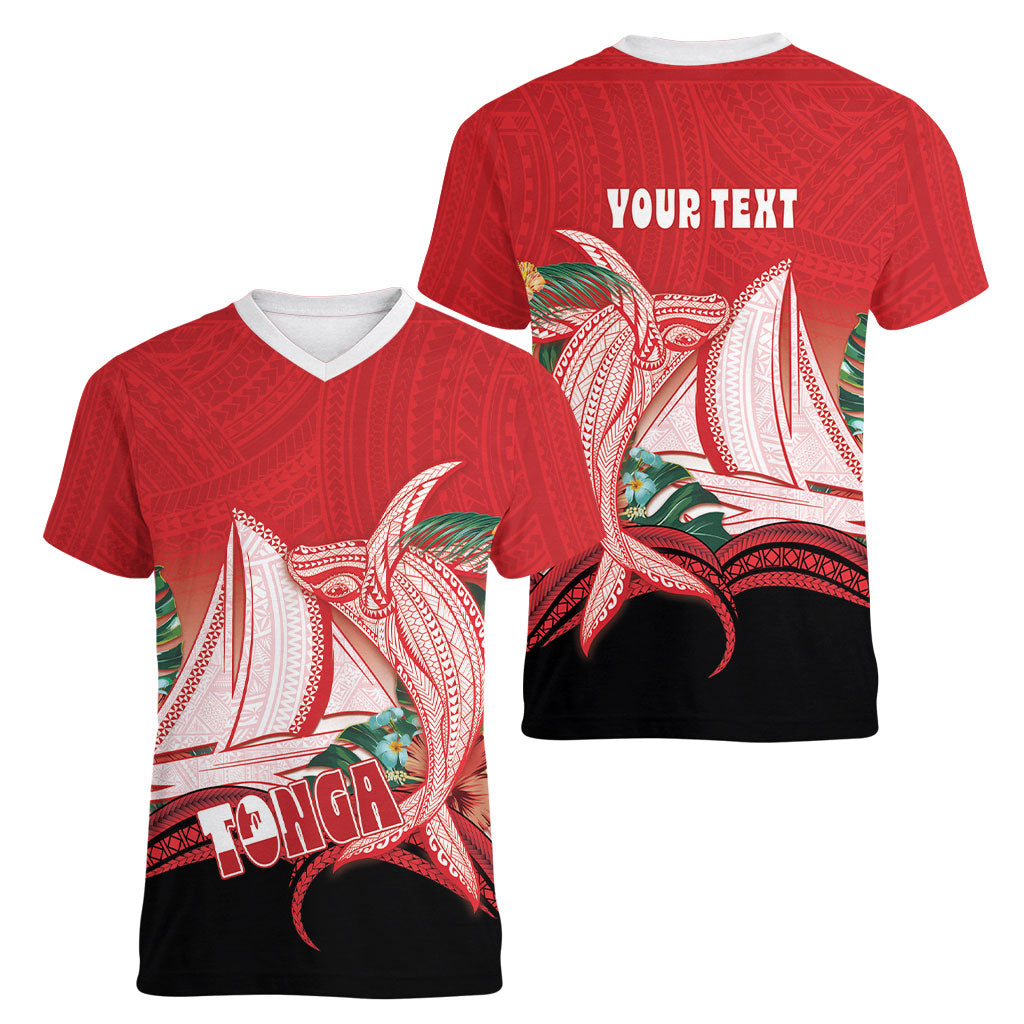 Vavau Sailing Festival Tonga Personalised Women V-Neck T-Shirt Humpback Whale Sailboat Tropical Vibes