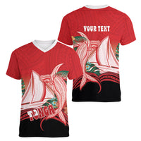Vavau Sailing Festival Tonga Personalised Women V-Neck T-Shirt Humpback Whale Sailboat Tropical Vibes