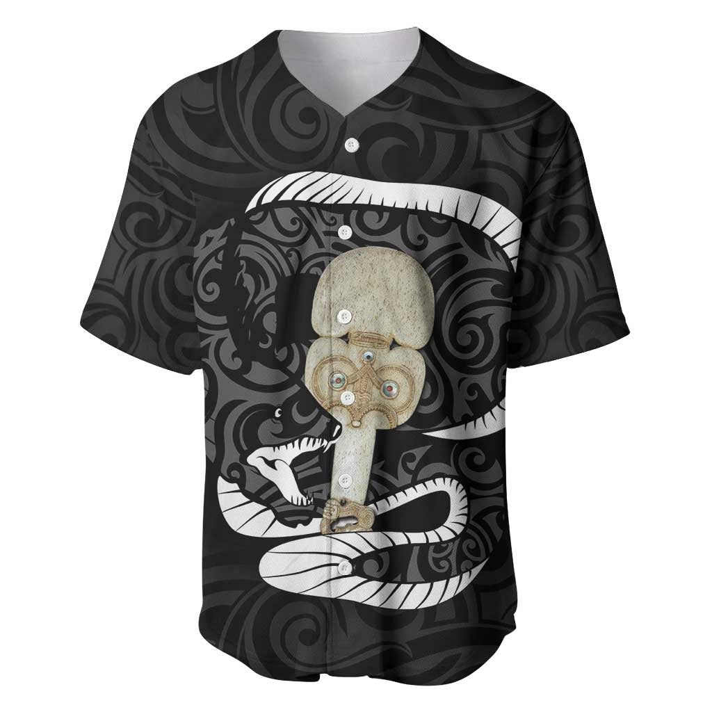 Black New Zealand Eel Baseball Jersey Aotearoa Maori Tuna With Kotiate Weapon LT14 Black - Polynesian Pride