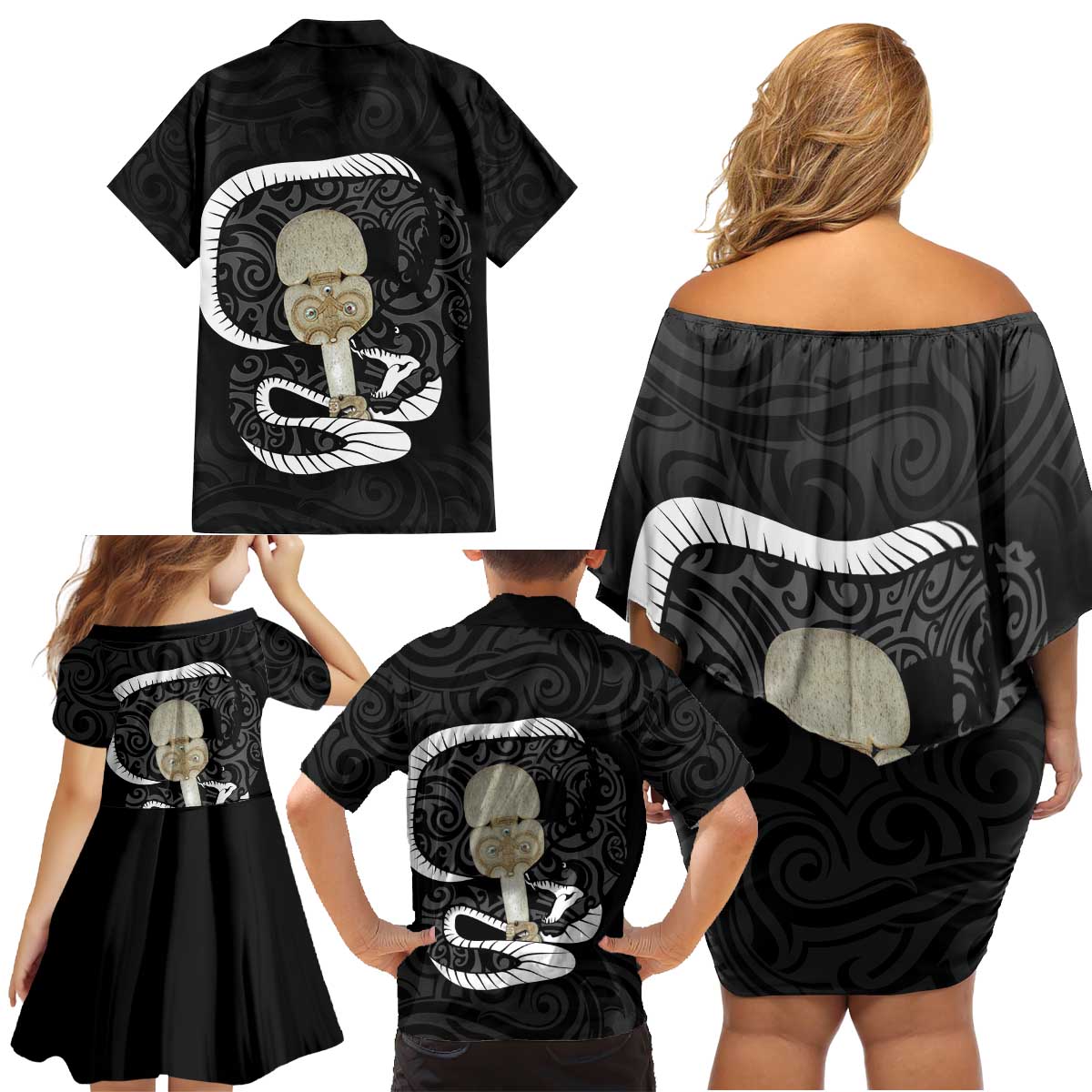 Black New Zealand Eel Family Matching Off Shoulder Short Dress and Hawaiian Shirt Aotearoa Maori Tuna With Kotiate Weapon