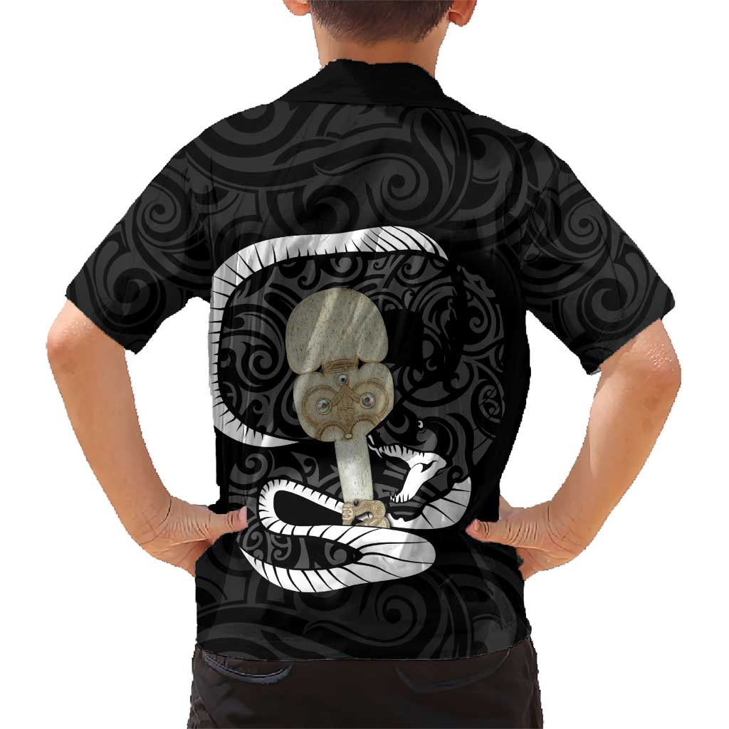 Black New Zealand Eel Family Matching Short Sleeve Bodycon Dress and Hawaiian Shirt Aotearoa Maori Tuna With Kotiate Weapon LT14 - Polynesian Pride