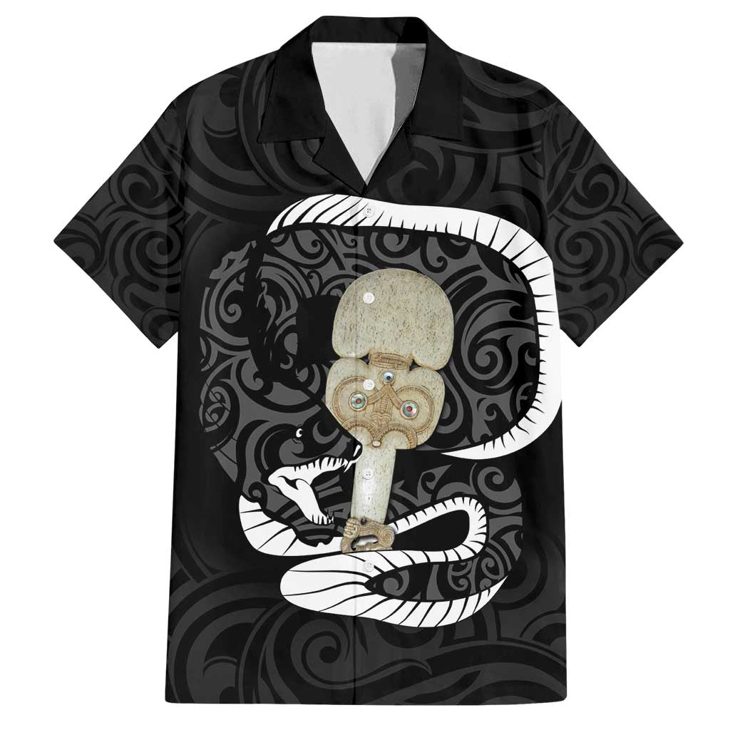 Black New Zealand Eel Family Matching Tank Maxi Dress and Hawaiian Shirt Aotearoa Maori Tuna With Kotiate Weapon LT14 Dad's Shirt - Short Sleeve Black - Polynesian Pride