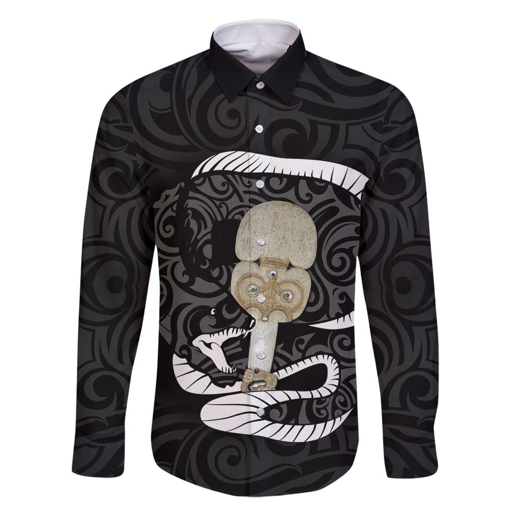 Black New Zealand Eel Family Matching Tank Maxi Dress and Hawaiian Shirt Aotearoa Maori Tuna With Kotiate Weapon LT14 Dad's Shirt - Long Sleeve Black - Polynesian Pride
