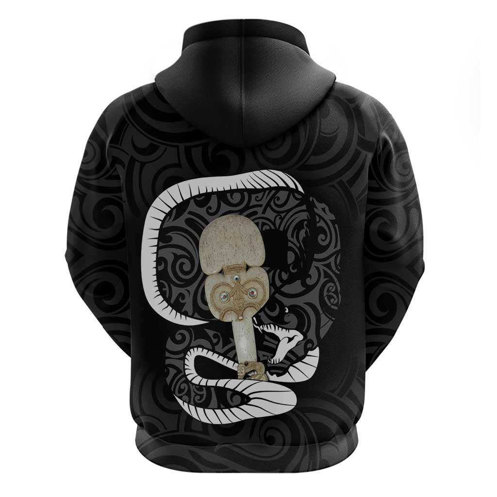 Black New Zealand Eel Hoodie Aotearoa Maori Tuna With Kotiate Weapon