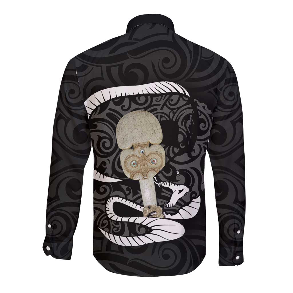 Black New Zealand Eel Long Sleeve Button Shirt Aotearoa Maori Tuna With Kotiate Weapon