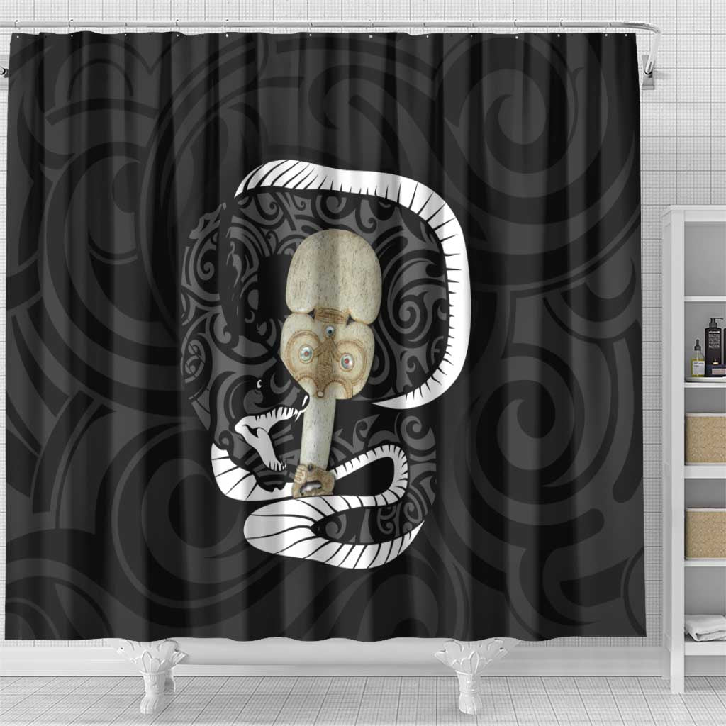 Black New Zealand Eel Shower Curtain Aotearoa Maori Tuna With Kotiate Weapon