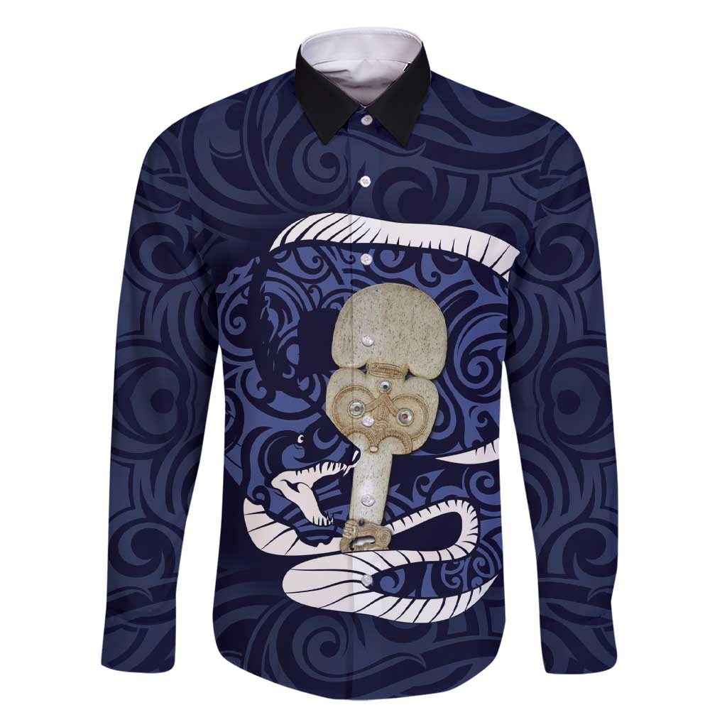 Blue New Zealand Eel Family Matching Short Sleeve Bodycon Dress and Hawaiian Shirt Aotearoa Maori Tuna With Kotiate Weapon LT14 Dad's Shirt - Long Sleeve Blue - Polynesian Pride