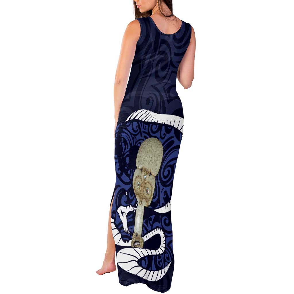 Blue New Zealand Eel Tank Maxi Dress Aotearoa Maori Tuna With Kotiate Weapon LT14 - Polynesian Pride