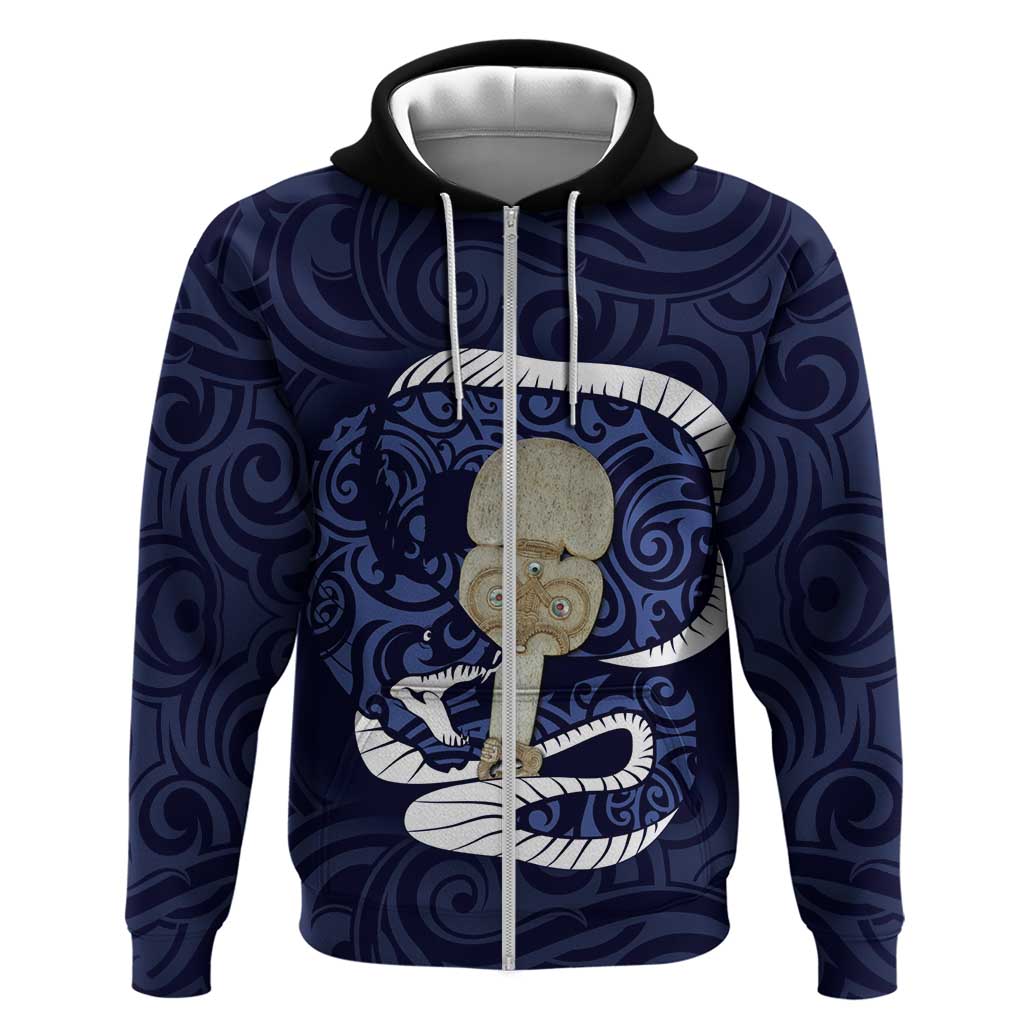Blue New Zealand Eel Zip Hoodie Aotearoa Maori Tuna With Kotiate Weapon LT14 Zip Hoodie Blue - Polynesian Pride