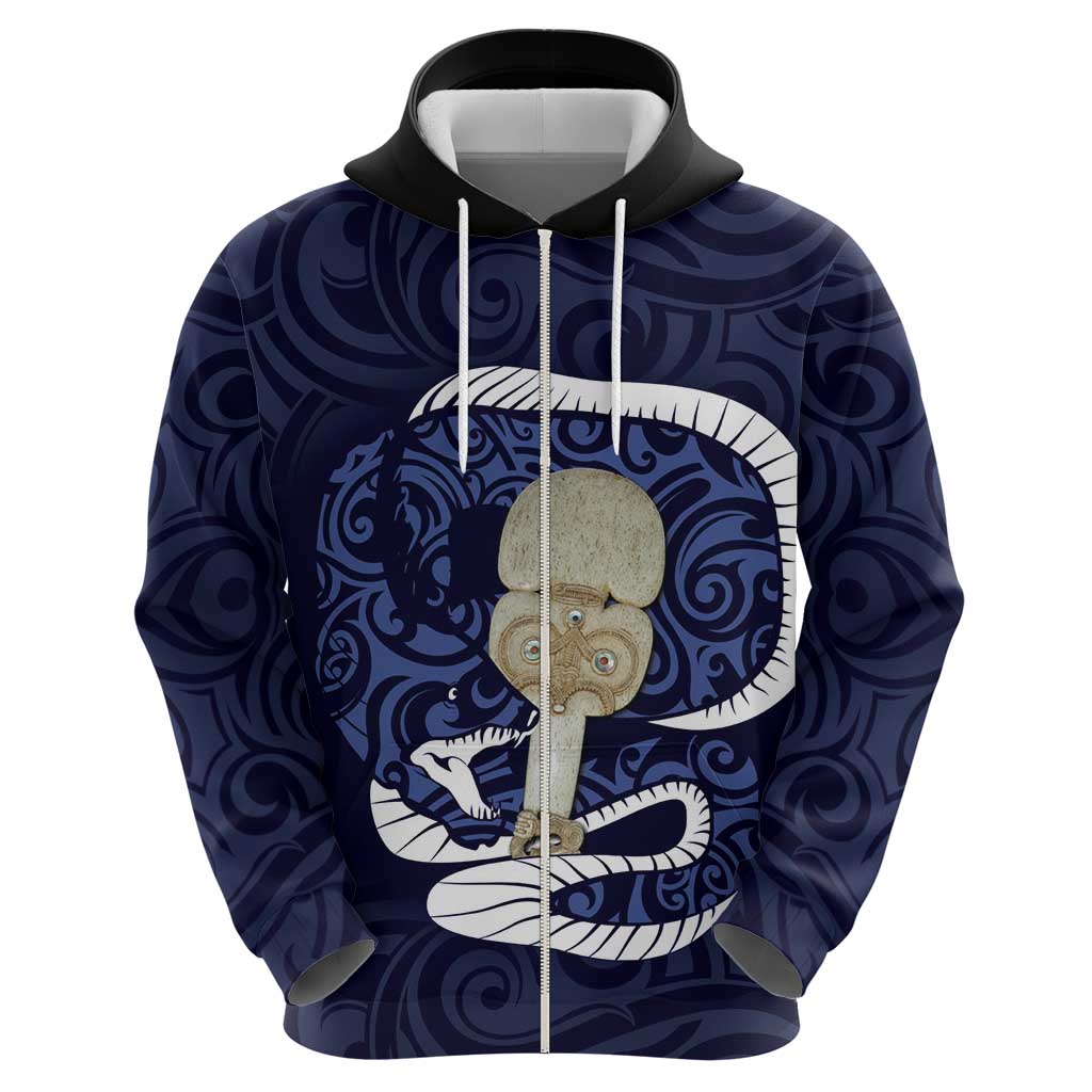 Blue New Zealand Eel Zip Hoodie Aotearoa Maori Tuna With Kotiate Weapon LT14 - Polynesian Pride