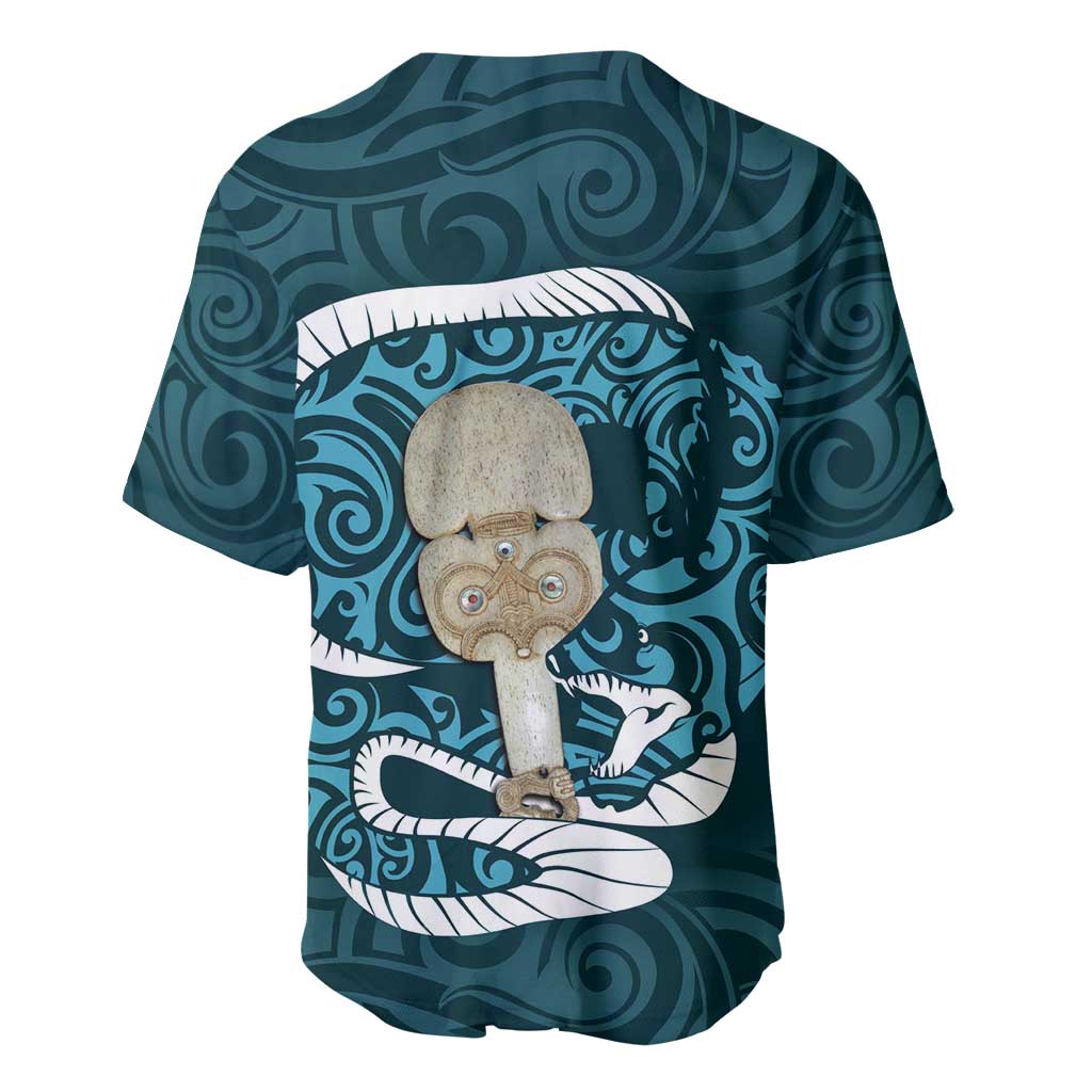 Turquoise New Zealand Eel Baseball Jersey Aotearoa Maori Tuna With Kotiate Weapon LT14 - Polynesian Pride