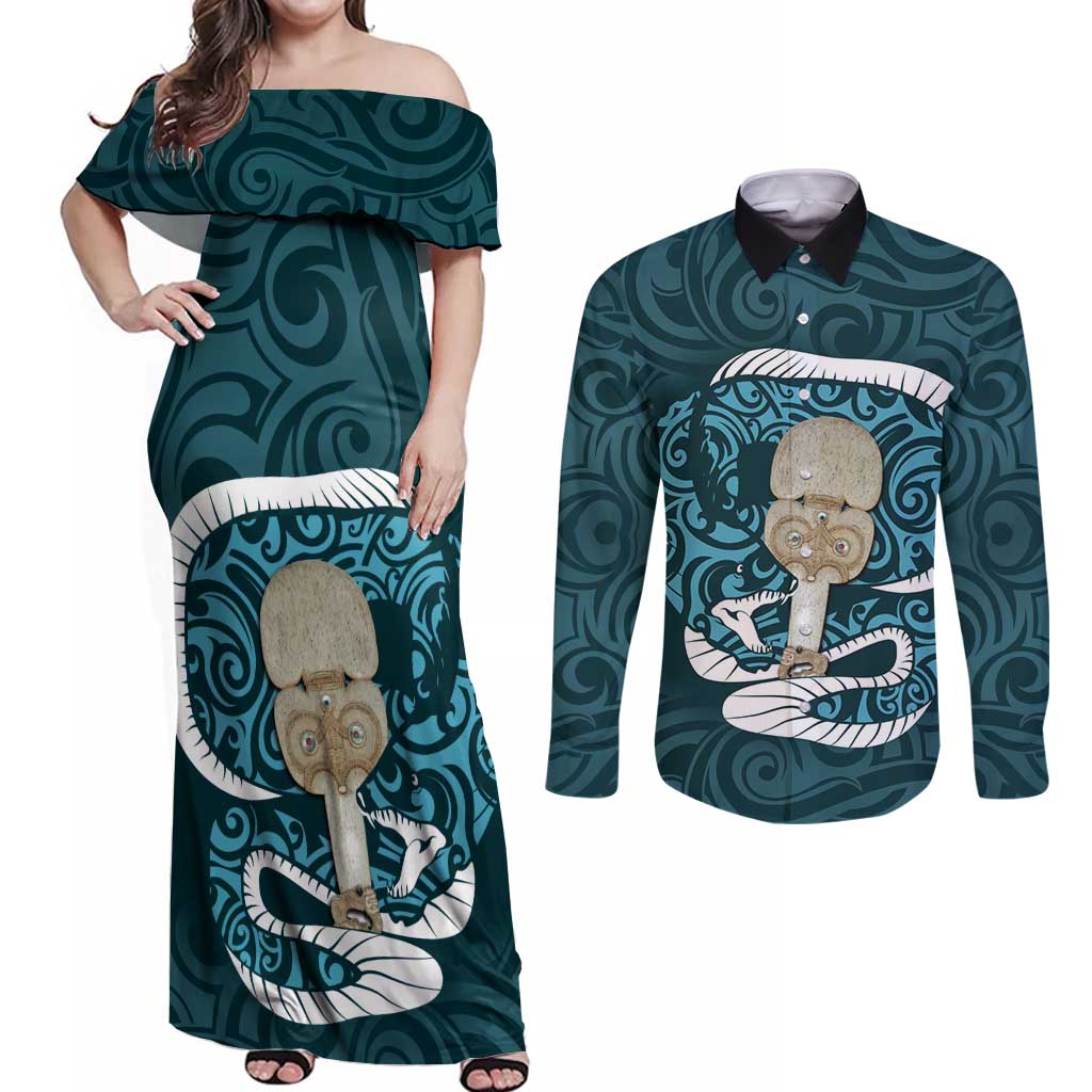 Turquoise New Zealand Eel Couples Matching Off Shoulder Maxi Dress and Long Sleeve Button Shirt Aotearoa Maori Tuna With Kotiate Weapon LT14 Turquoise - Polynesian Pride