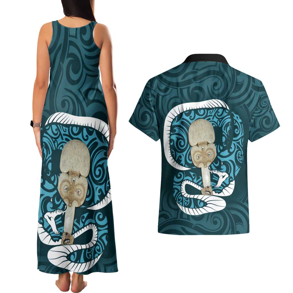Turquoise New Zealand Eel Couples Matching Tank Maxi Dress and Hawaiian Shirt Aotearoa Maori Tuna With Kotiate Weapon