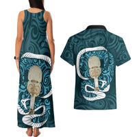 Turquoise New Zealand Eel Couples Matching Tank Maxi Dress and Hawaiian Shirt Aotearoa Maori Tuna With Kotiate Weapon