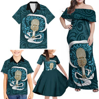 Turquoise New Zealand Eel Family Matching Off Shoulder Maxi Dress and Hawaiian Shirt Aotearoa Maori Tuna With Kotiate Weapon