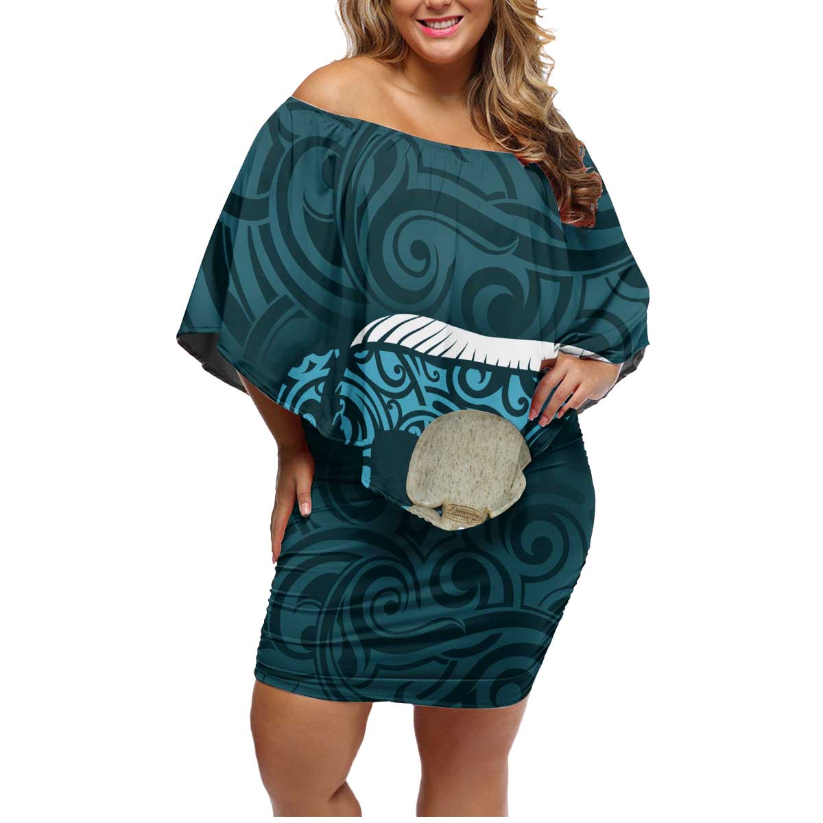 Turquoise New Zealand Eel Family Matching Off Shoulder Short Dress and Hawaiian Shirt Aotearoa Maori Tuna With Kotiate Weapon