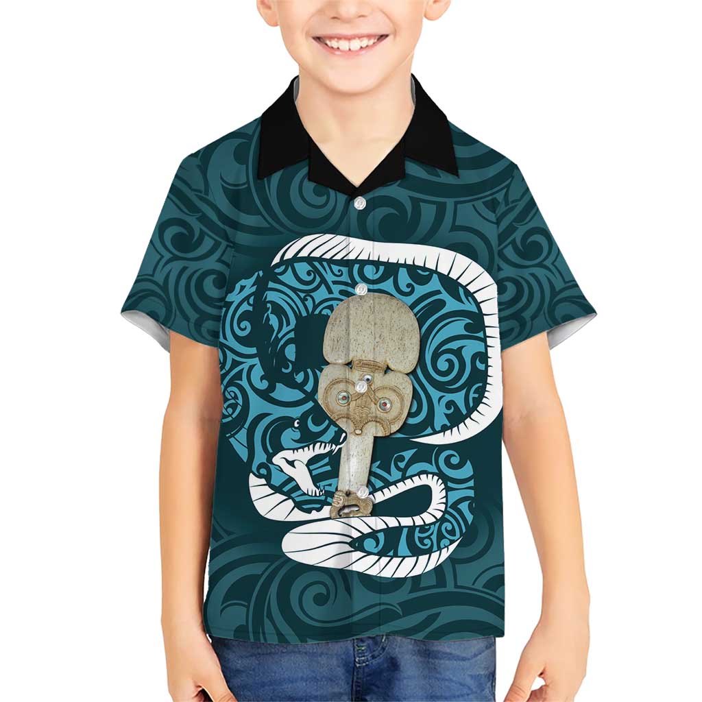 Turquoise New Zealand Eel Family Matching Short Sleeve Bodycon Dress and Hawaiian Shirt Aotearoa Maori Tuna With Kotiate Weapon LT14 Son's Shirt Turquoise - Polynesian Pride