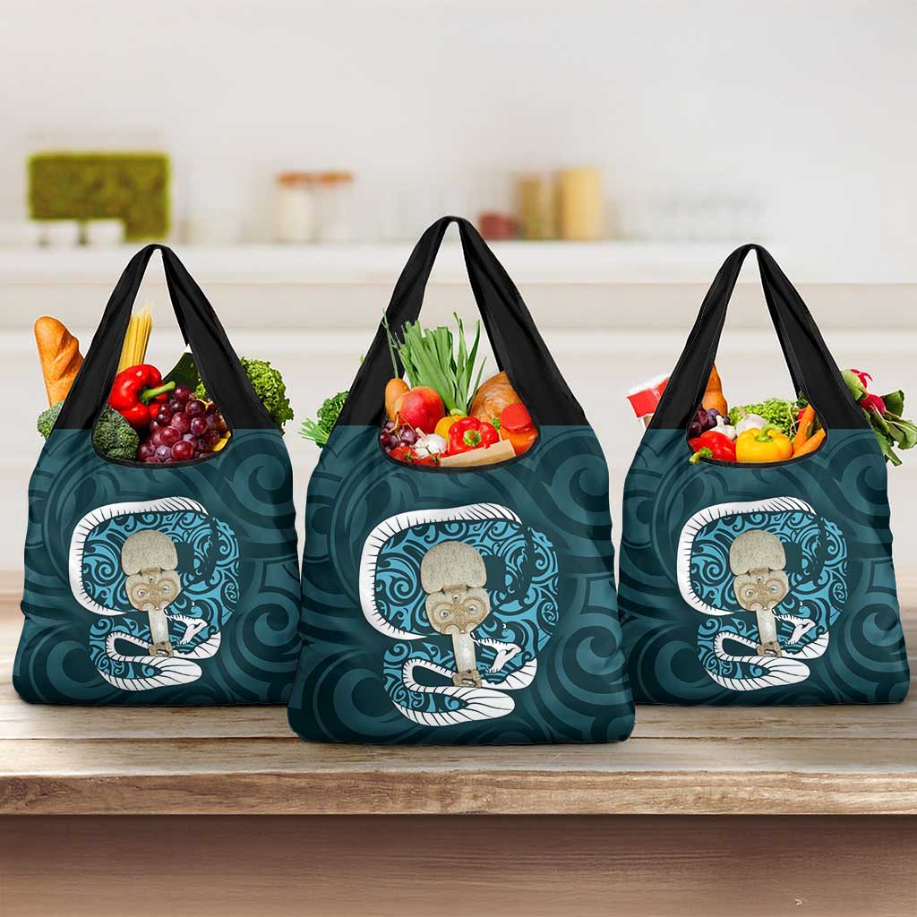 Turquoise New Zealand Eel Grocery Bag Aotearoa Maori Tuna With Kotiate Weapon
