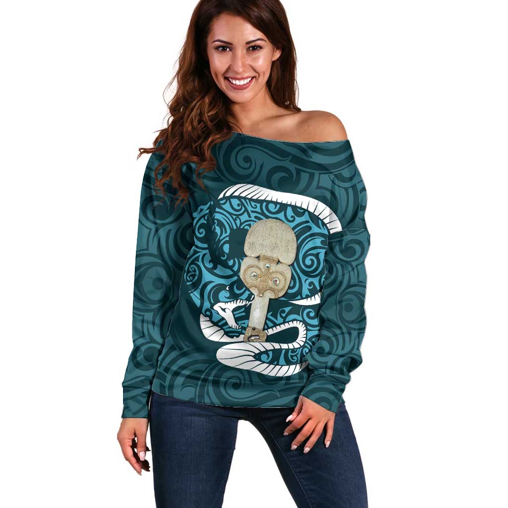 Turquoise New Zealand Eel Off Shoulder Sweater Aotearoa Maori Tuna With Kotiate Weapon LT14 Women Turquoise - Polynesian Pride