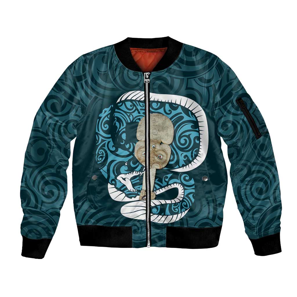 Turquoise New Zealand Eel Sleeve Zip Bomber Jacket Aotearoa Maori Tuna With Kotiate Weapon LT14 Unisex Turquoise - Polynesian Pride