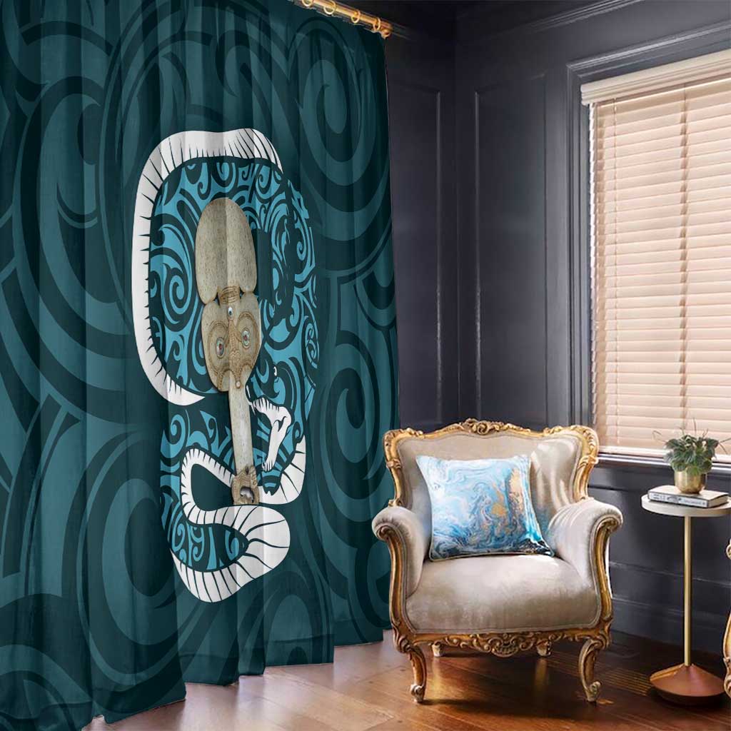 Turquoise New Zealand Eel Window Curtain Aotearoa Maori Tuna With Kotiate Weapon