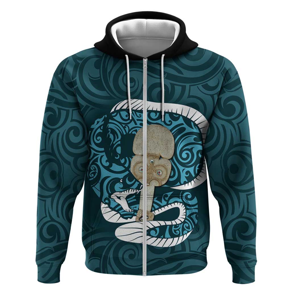 Turquoise New Zealand Eel Zip Hoodie Aotearoa Maori Tuna With Kotiate Weapon LT14 Zip Hoodie Turquoise - Polynesian Pride