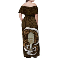 Gold New Zealand Eel Family Matching Off Shoulder Maxi Dress and Hawaiian Shirt Aotearoa Maori Tuna With Kotiate Weapon