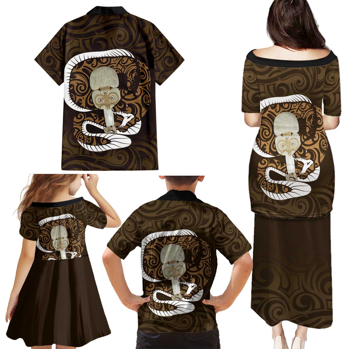 Gold New Zealand Eel Family Matching Puletasi and Hawaiian Shirt Aotearoa Maori Tuna With Kotiate Weapon