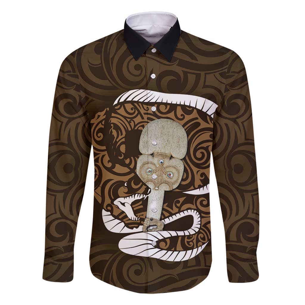Gold New Zealand Eel Family Matching Tank Maxi Dress and Hawaiian Shirt Aotearoa Maori Tuna With Kotiate Weapon LT14 Dad's Shirt - Long Sleeve Gold - Polynesian Pride