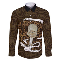 Gold New Zealand Eel Family Matching Tank Maxi Dress and Hawaiian Shirt Aotearoa Maori Tuna With Kotiate Weapon LT14 Dad's Shirt - Long Sleeve Gold - Polynesian Pride