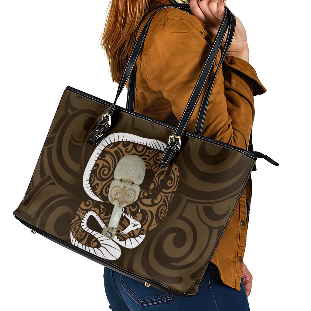 Gold New Zealand Eel Leather Tote Bag Aotearoa Maori Tuna With Kotiate Weapon