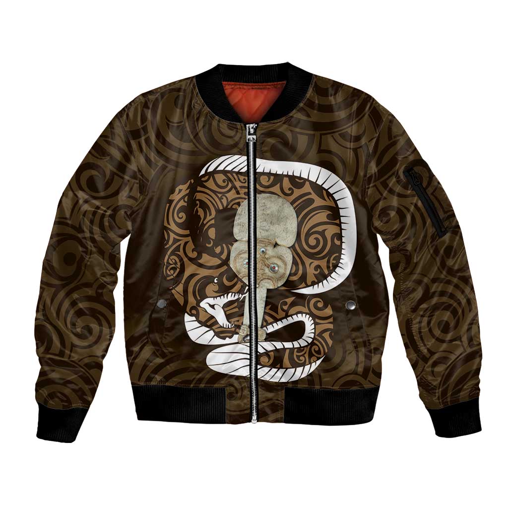 Gold New Zealand Eel Sleeve Zip Bomber Jacket Aotearoa Maori Tuna With Kotiate Weapon LT14 Unisex Gold - Polynesian Pride
